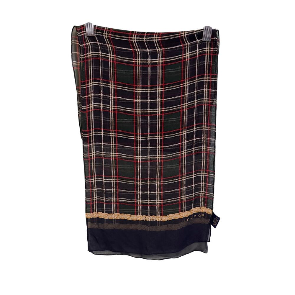 Chelsea Cambell Echo Wrap Scarf Shawl 11X58 Blue Red Plaid 100% Silk Neckerchief